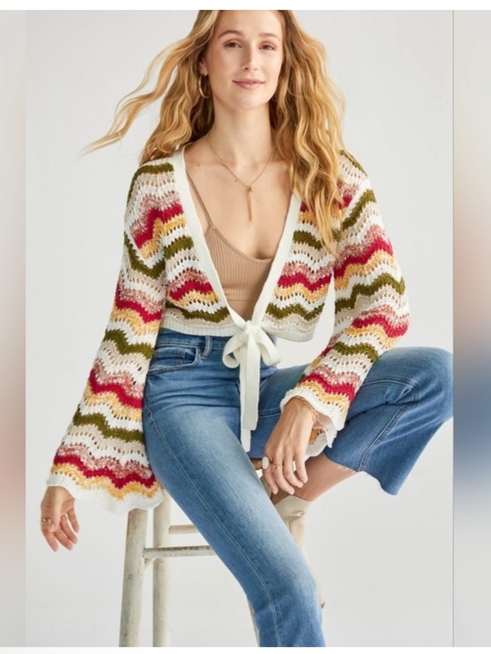 Audrey Parks Sweaters - Crochet Tie-Front Cardigan in Cream with Olive, Pink & Gold Chevron